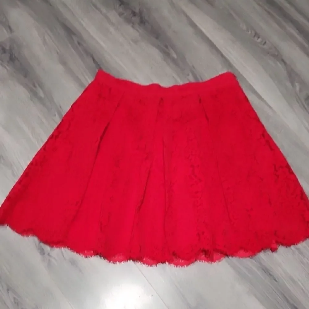 New York & Co Red Lace Velvet A-line Pleated Skirt